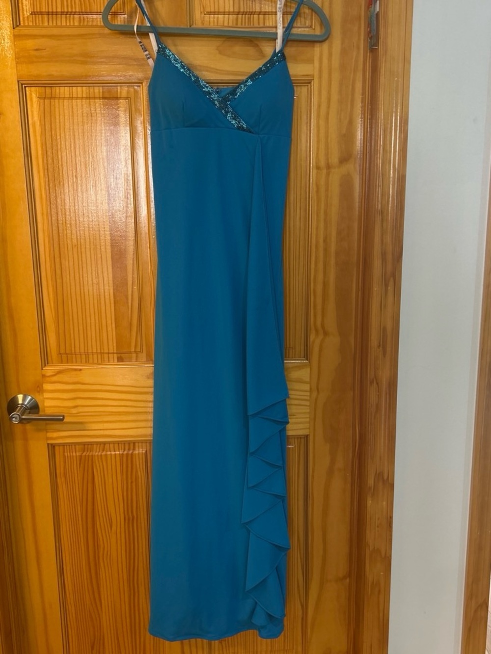 Blue Y2K formal maxi dress with beading and ruffle details De Laru by Shelia Yen